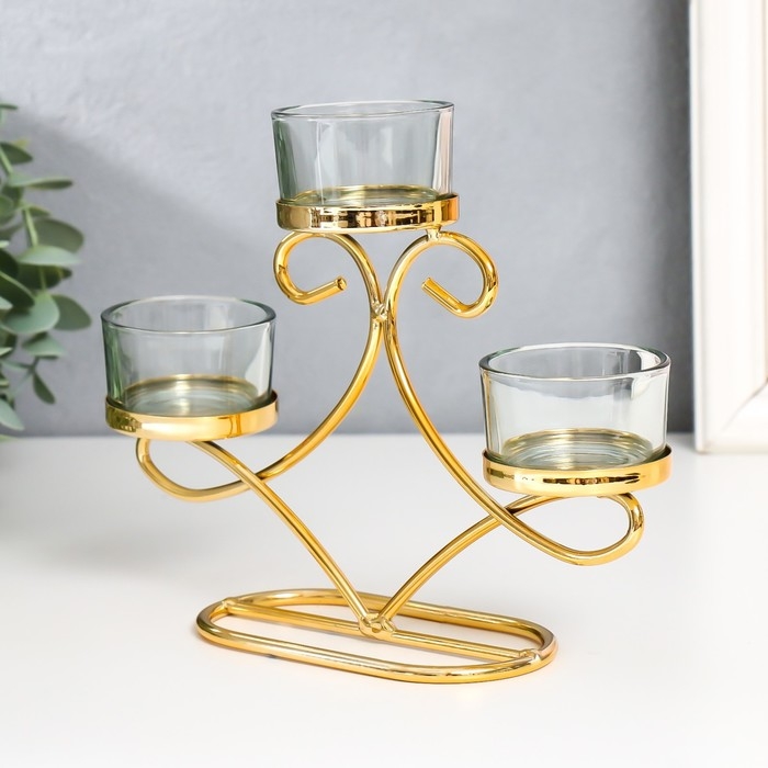 Подсвечник металл, стекло на 3 свечи Подсвечник металл, стекло на 3 свечи "Витки" d-4,5 см золото 20х5,5х13 см