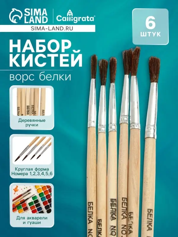 Набор кистей для рисования, белка, 6 штук: № 1, 2, 3, 4, 5, 6, Calligrata, круглые, деревянная ручка, международный размер