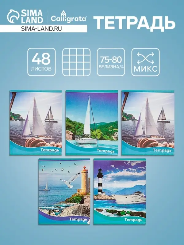 Тетрадь 48 листов в клетку, Calligrata «Корабли», обложка мелованная бумага, серые листы, МИКС