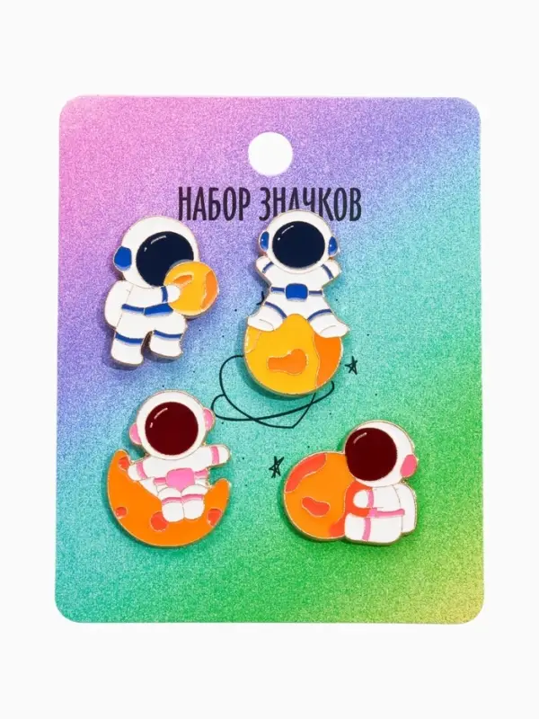 Набор значков &laquo;Космонавты на Луне&raquo;, набор 4 шт. цветной в золоте