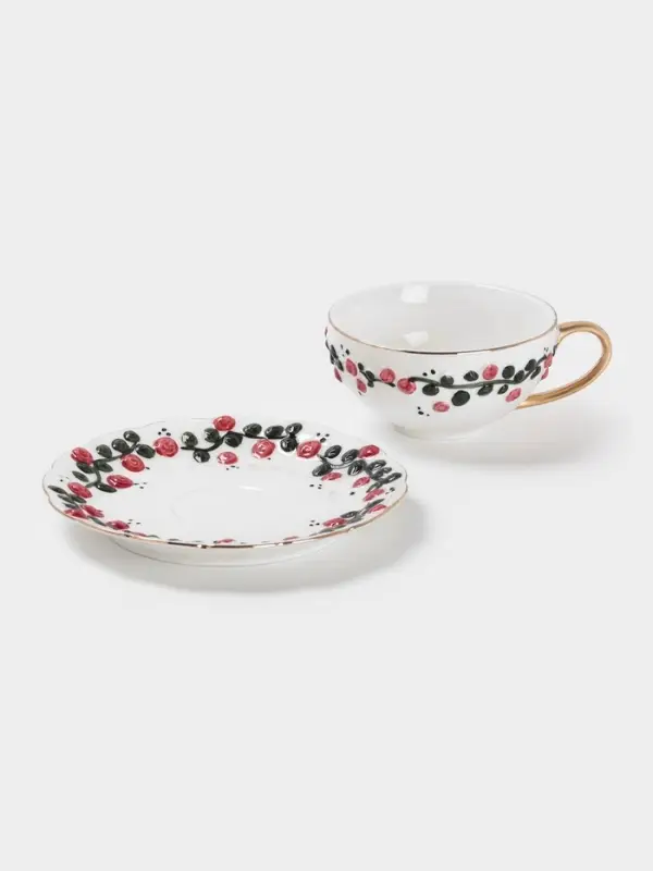 Чайная пара «Красный бутон», 2 предмета: чашка 180 мл, блюдце d=15 см, керамика, белая