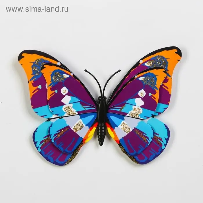 Магнит пластик "Бабочка с золотым глиттером" двойные крылышки,МИКС 10х7 см