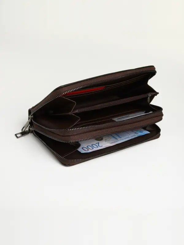 Портмоне-клатч мужской на молнии TEXTURA, два отделения, с ручкой, коричневое