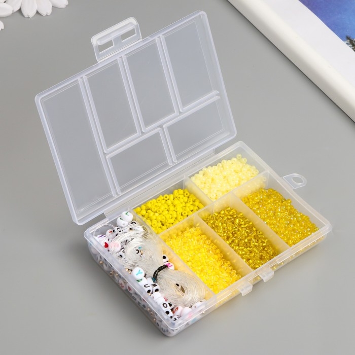 Бисер стекло 8/0 в шкатулке  Бисер стекло 8/0 в шкатулке "Жёлтый" бусины + нить 0,8 мм 5 м 12х8,4х2,2 см