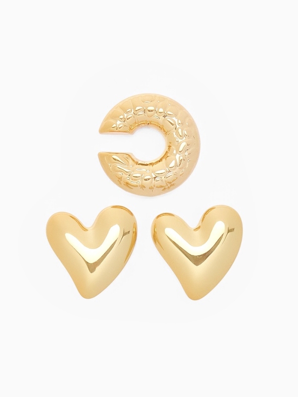 Набор серьги и каффы 3 шт. «Сердечко» бублик, цвет золото