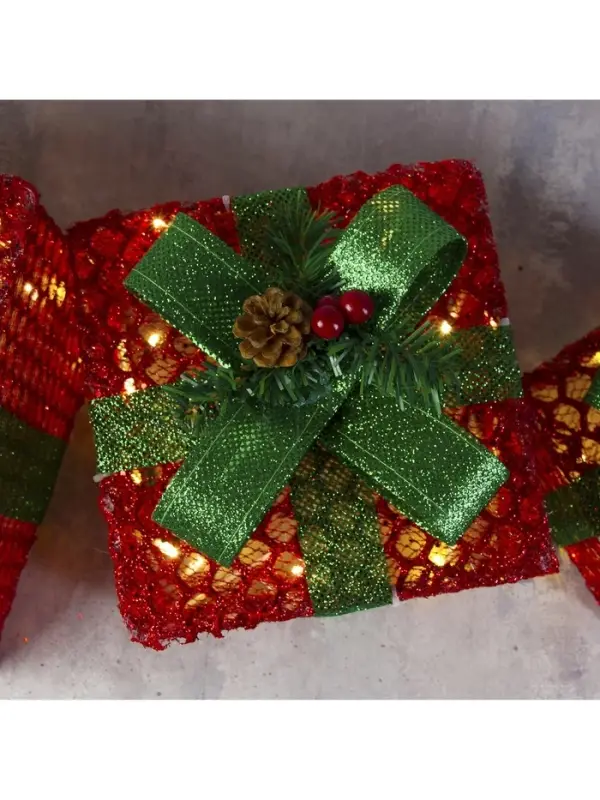 Светодиодная фигура &laquo;Подарки с зелёной лентой&raquo; 15, 20, 25 см, текстиль, металл, 220 В, свечение тёплое белое