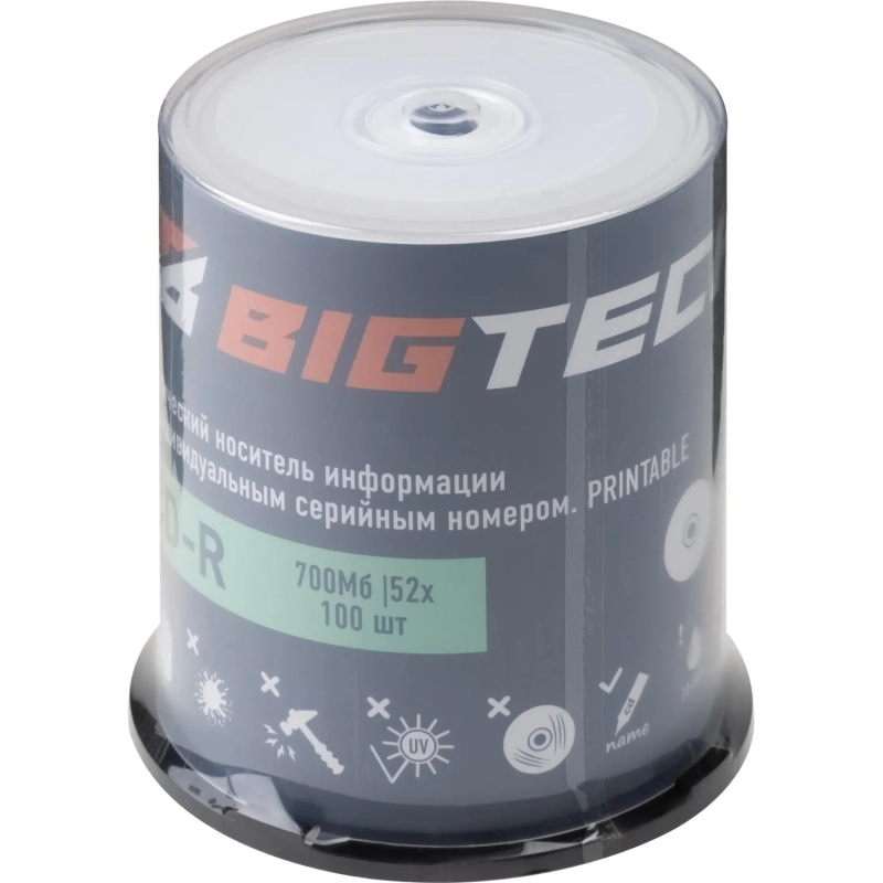 Носители информации Bigtech YCDRP001,Printable,CD-R 700МБ 52x 100шт/уп бокс