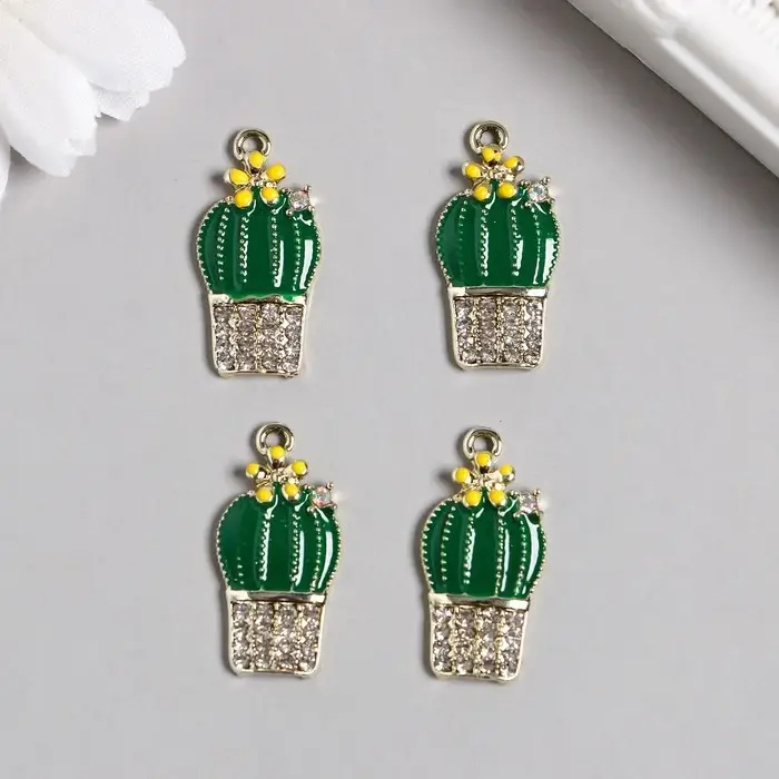 Декор для творчества металл, эмаль, стразы "Кактус в горшке" 1,3х2,6 см   7529965