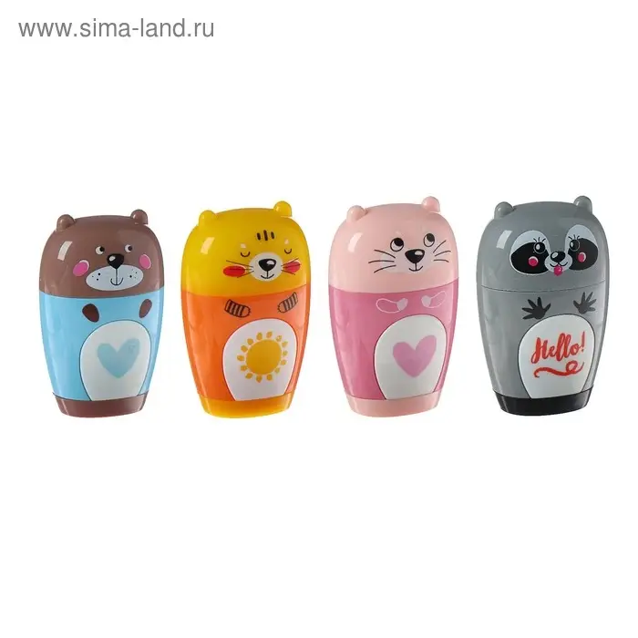 Точилка 1 отверстие с контейнером и ластиком "Зверушки", микс