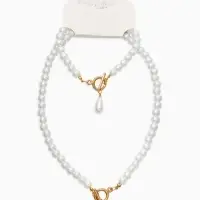 Набор 2 пред-та: бусы.браслет "Жемчуг", капелька, цвет белый в золоте L=18/42см №8
