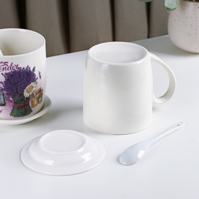 Набор кружек керамических с ложками и подставками &laquo;Букет лаванды&raquo;, 2 предмета: 330 мл, рисунок МИКС