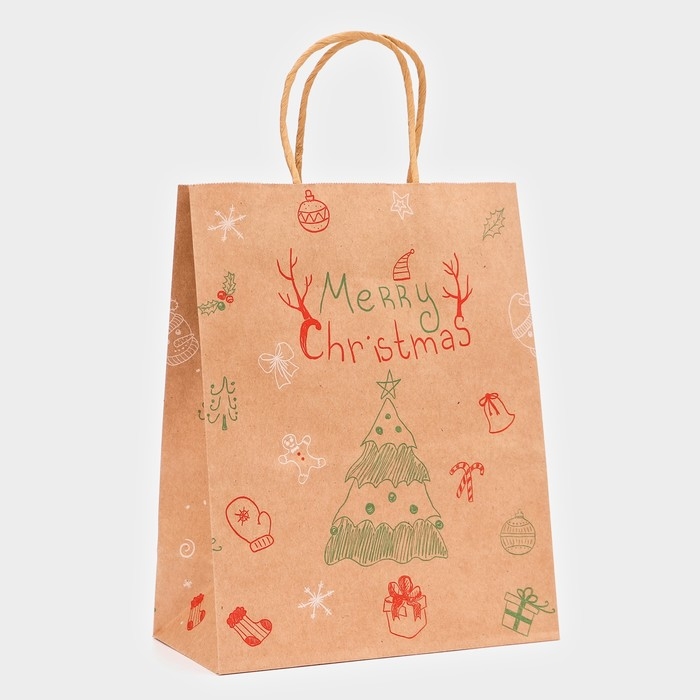 Новый год. Пакет бумажный подарочный новогодний крафт Новый год. Пакет бумажный подарочный новогодний крафт "Ёлка", 27 х 21 х 11 см.