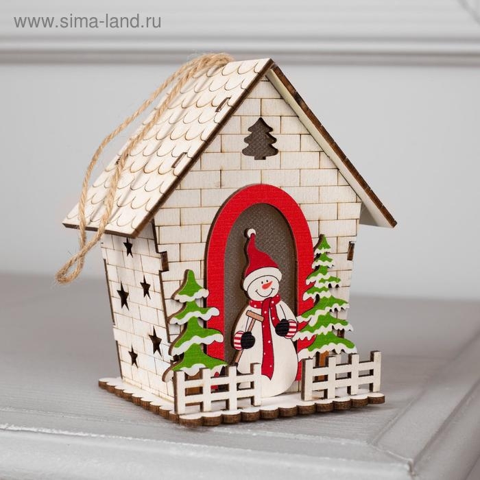 Ёлочная игрушка «Домик со снеговиком», от батареек, свечение тёплое белое Ёлочная игрушка «Домик со снеговиком», от батареек, свечение тёплое белое