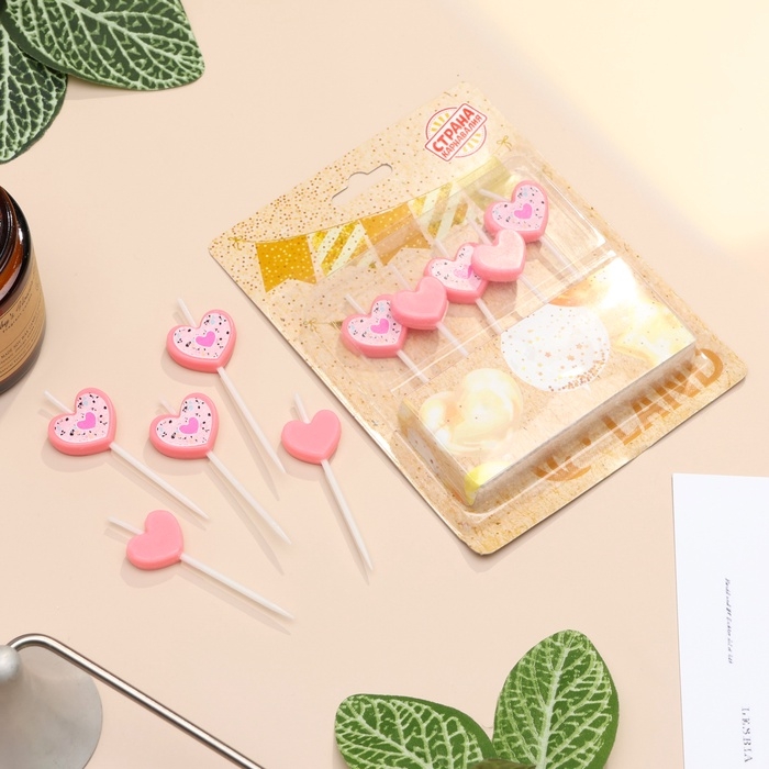 Набор свечей для торта, 5 шт  Набор свечей для торта, 5 шт "Сердца", розовый