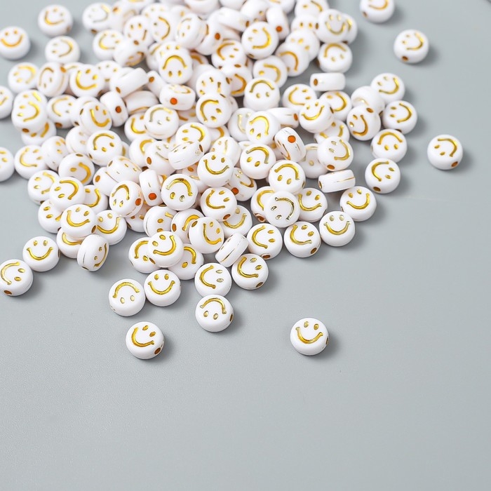 Бусины для творчества пластик "Золотой смайлик на белом" набор 20 гр 0,4х0,7х0,7 см