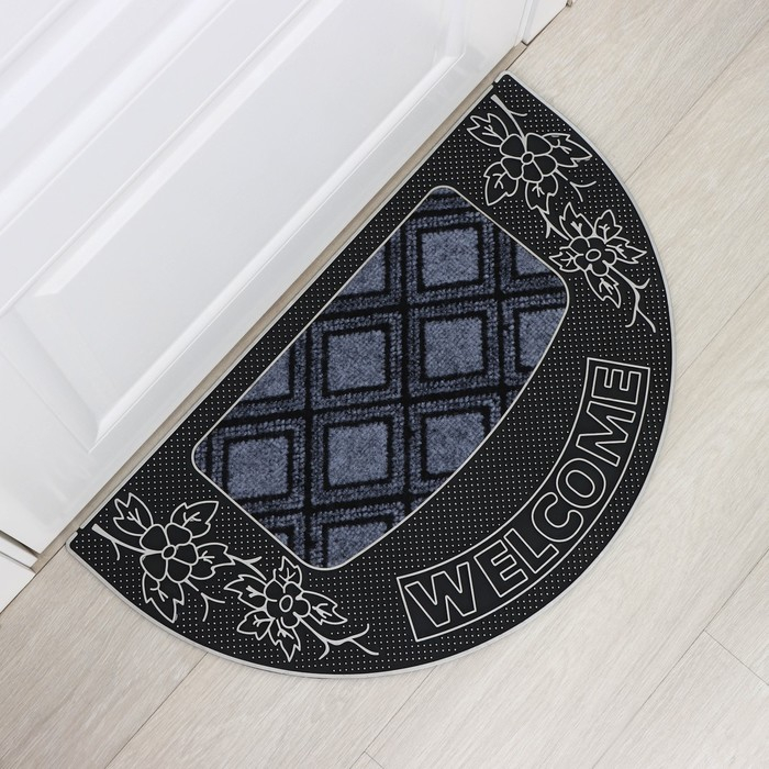 Коврик придверный полукруглый Доляна «Welcome цветы», 45×75 см, цвет серебряный Коврик придверный полукруглый Доляна «Welcome цветы», 45×75 см, цвет серебряный