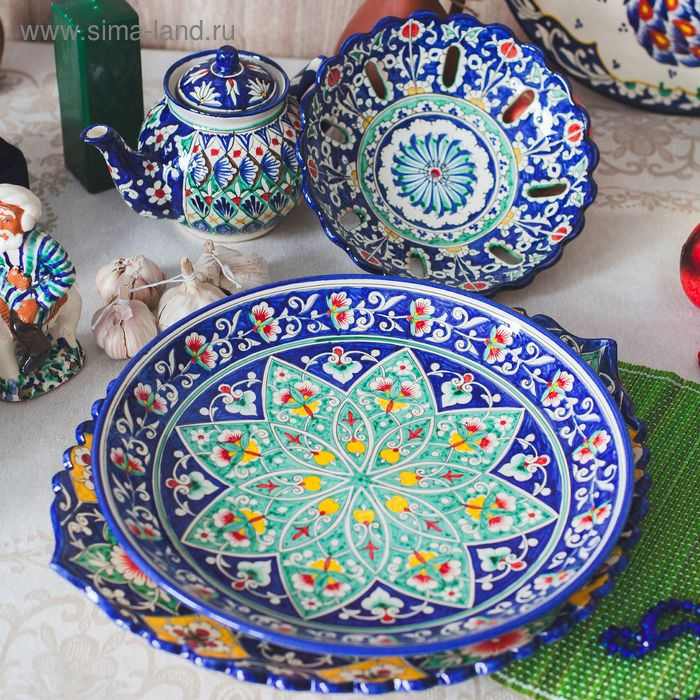 Фруктовница Риштанская Керамика  Фруктовница Риштанская Керамика "Узоры", 23 см, синяя