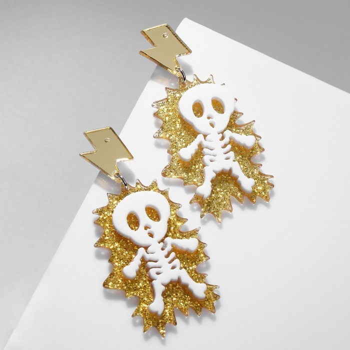 Серьги акрил &laquo;Скелет&raquo; удар молнии, цвет белый в золоте