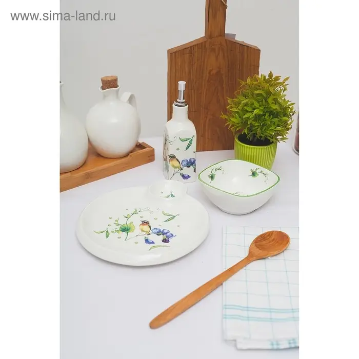 Блюдо Доляна &laquo;Зелёный сад&raquo;, 22.5&times;20&times;2 см, с соусником, круглое, фарфор, белое