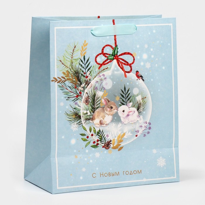 Пакет подарочный новогодний ламинированный &laquo;Два зайчика&raquo;, ML 23 х 27 х 11,5 см, Новый год