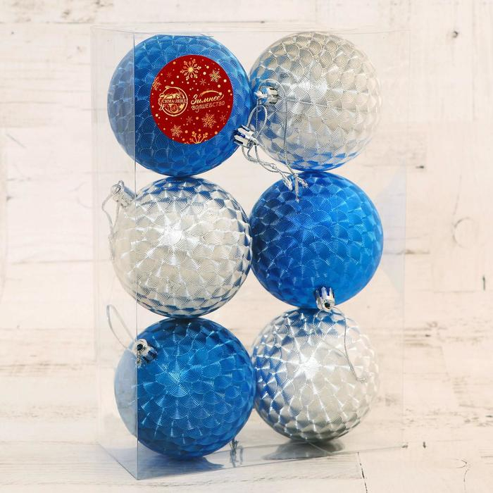Набор шаров пластик d-8 см, 6 шт Набор шаров пластик d-8 см, 6 шт "Мелания" серебро синий