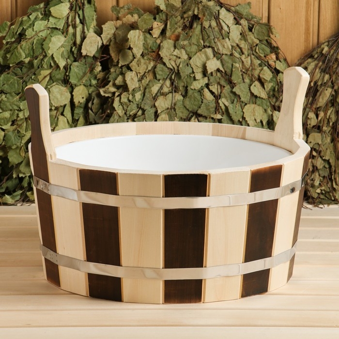 Шайка-таз из липы, 15 л, круглая, пластиковая вставка, Шайка-таз из липы, 15 л, круглая, пластиковая вставка, "День ночь"