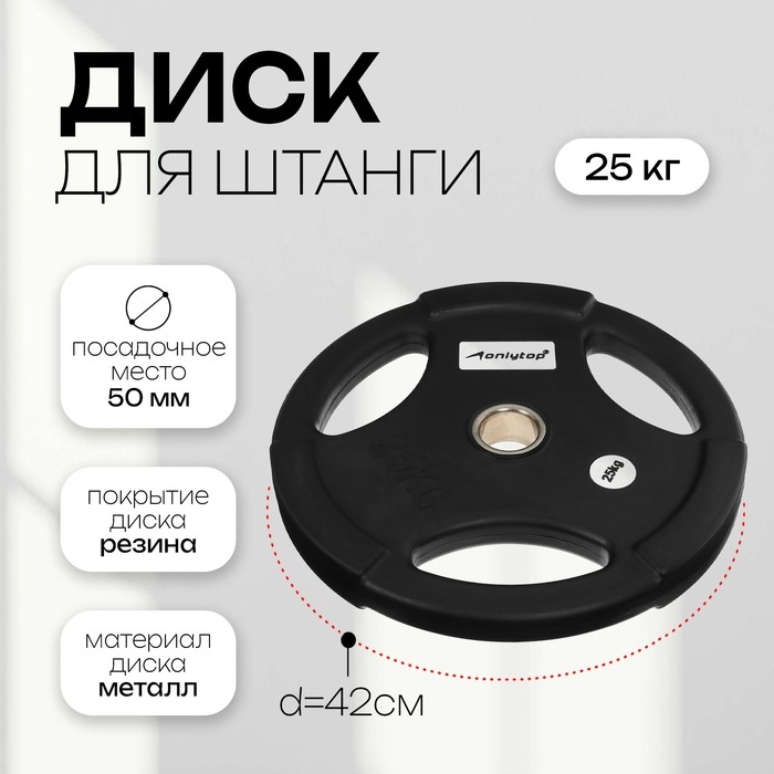 Диск олимпийский ONLYTOP, обрезиненный, с тройным хватом, 25 кг, d=50 мм Диск олимпийский ONLYTOP, обрезиненный, с тройным хватом, 25 кг, d=50 мм