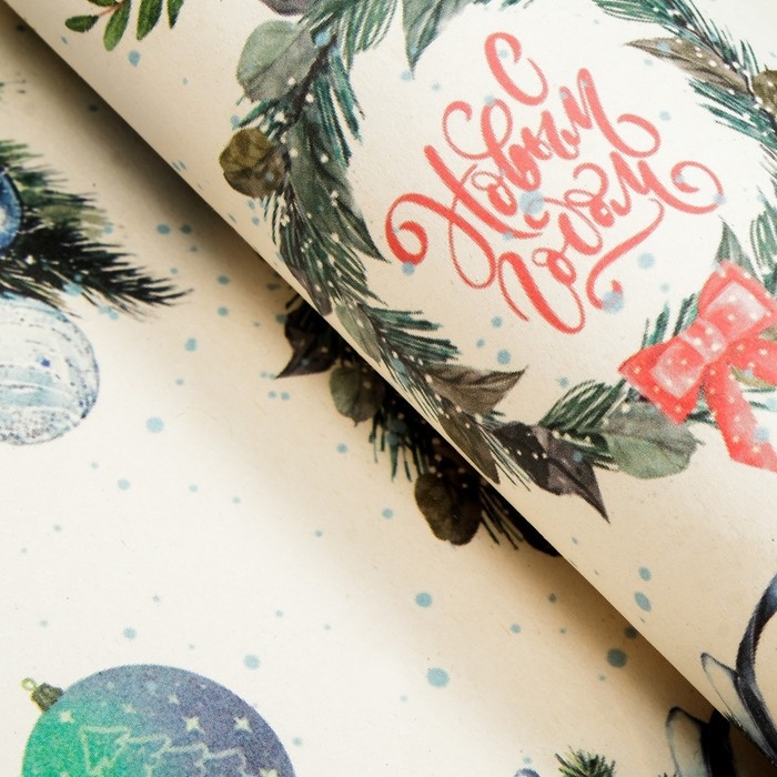 Новый год. Бумага упаковочная крафт  Новый год. Бумага упаковочная крафт "Венки",1 лист , 70 х 100 см