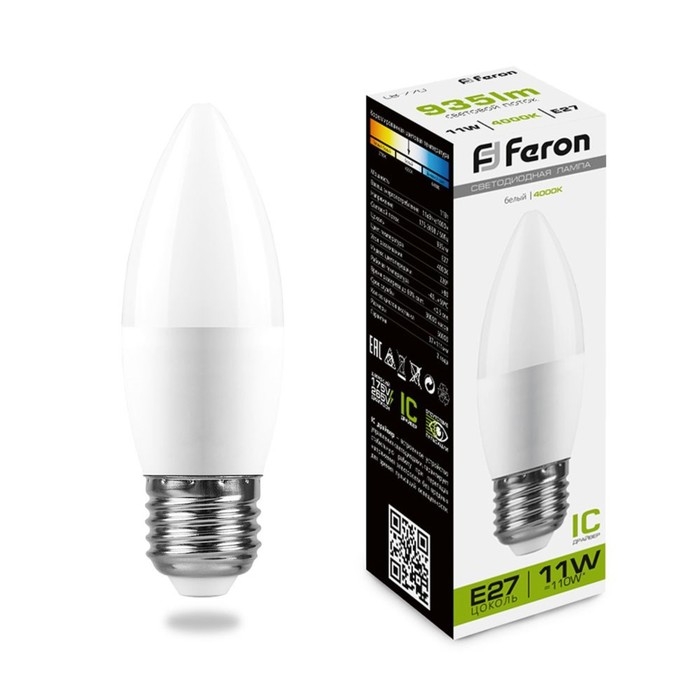 Лампа светодиодная FERON,  Лампа светодиодная FERON, "Свеча" Е27, 11 Вт, 230 В, 4000 К