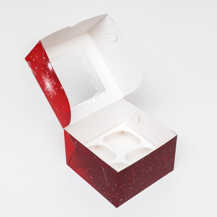 Коробка для 4 капкейка с окном  Коробка для 4 капкейка с окном "С Праздником!", 16 х 16 х 10 см, упаковка, Новый год