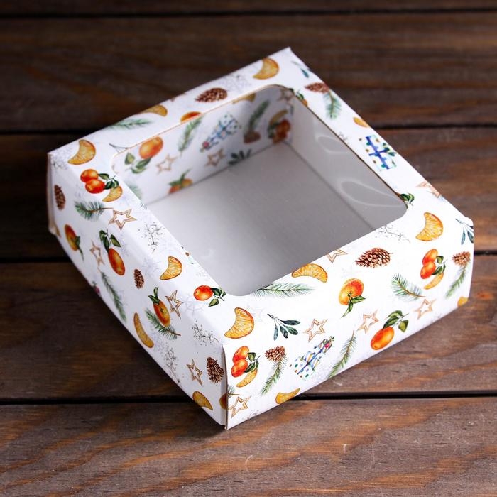Новый год. Коробка подарочная, крышка-дно, с окном Новый год. Коробка подарочная, крышка-дно, с окном "Новогоднее настроение", 14,5 х 14,5 х 6 см.