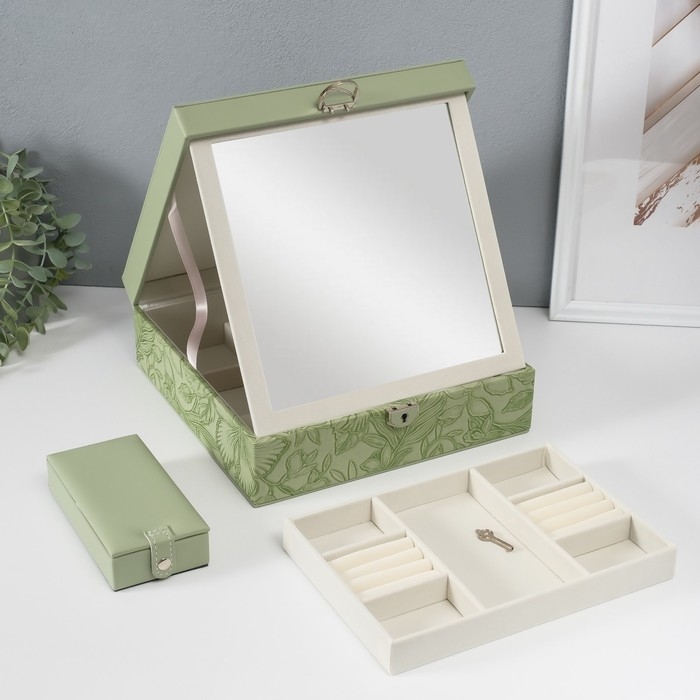 Шкатулка кожзам для украшений "Цветы" тиснение, серо-зелёная 25х25х8 см