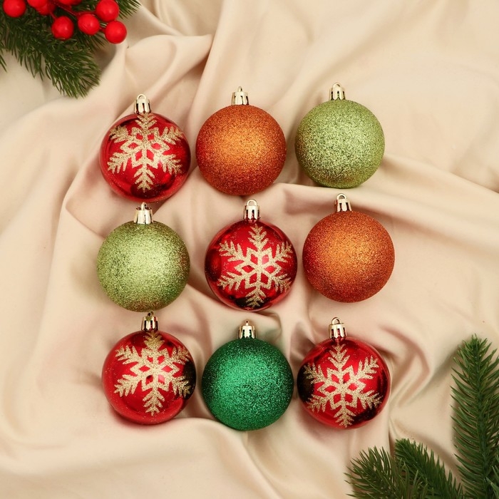 Набор шаров пластик d-6 см, 9 шт Набор шаров пластик d-6 см, 9 шт "Адель" снежинки, микс