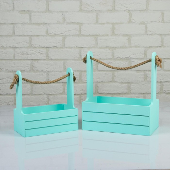 Набор кашпо деревянных 2 в 1 (25×15×30; 21×12×23 см)  Набор кашпо деревянных 2 в 1 (25×15×30; 21×12×23 см) "Dear", ручка канат, мята