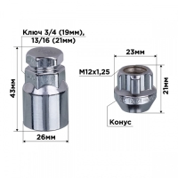 Гайки секретки Skyway, M12х1.25 21мм, конус открытый, 5 луч, 1 кл, хром, 4 шт