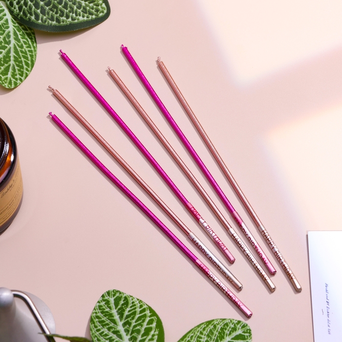 Набор свечей в торт, 6 штук Набор свечей в торт, 6 штук "Happy", 17 см, розовый с металликом