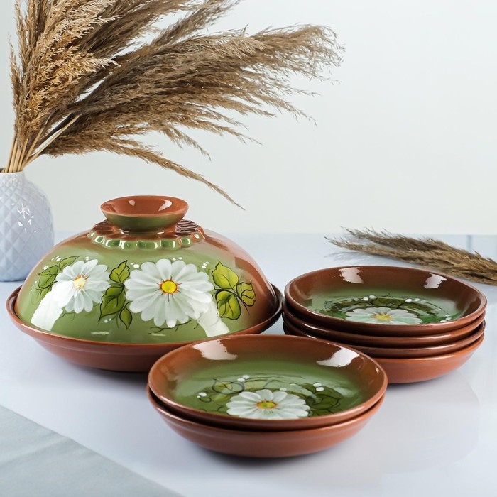 Набор для блинов 7 предметов: 1 шт. блинница, 6 шт. тарелок, с росписью, ромашка Набор для блинов 7 предметов: 1 шт. блинница, 6 шт. тарелок, с росписью, ромашка