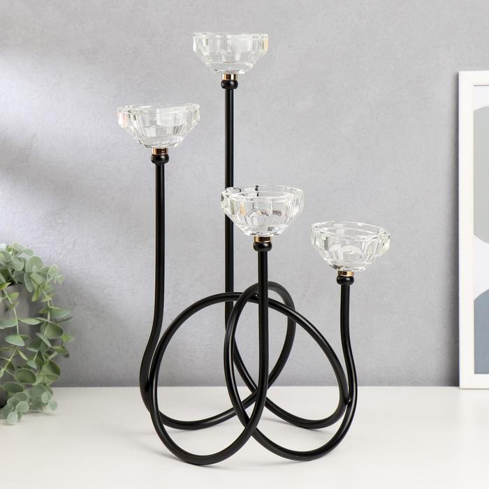 Подсвечник металл, стекло на 4 свечи Подсвечник металл, стекло на 4 свечи "Плавность" чёрный с золотом 36,5х16х15,5 см