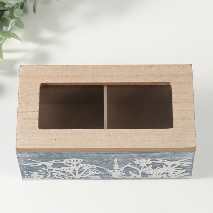 Шкатулка дерево 2 деления  Шкатулка дерево 2 деления "Стрекозы и цветы" синяя 8,8х16,2х7 см