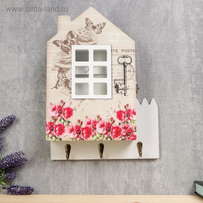 Ключница дерево Ключница дерево "Домик с розовым садом" 30х22х6 см