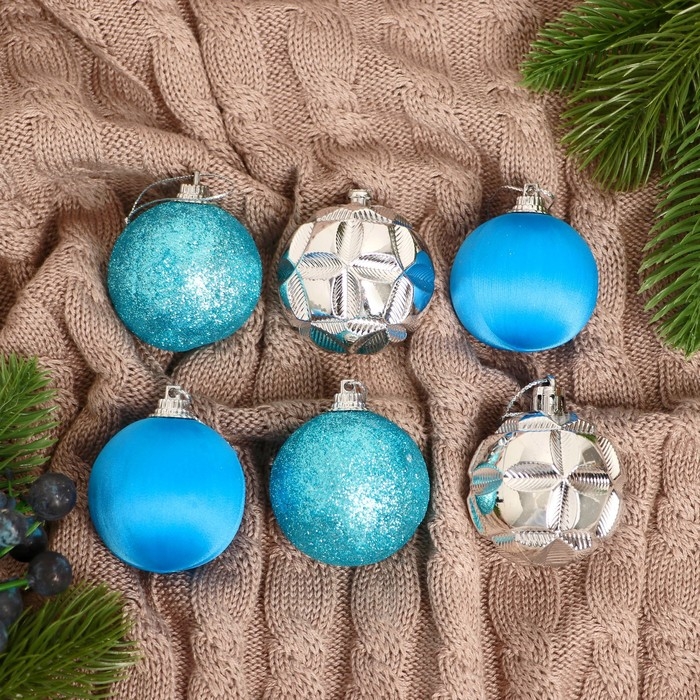 Набор шаров пластик d-4,5 см, 6 шт Набор шаров пластик d-4,5 см, 6 шт "Лаура" серебристо-голубой