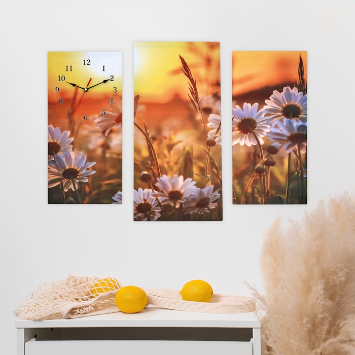 Часы-картина настенные, модульные  Часы-картина настенные, модульные "Ромашки на закате", бесшумные, 60 х 80 см