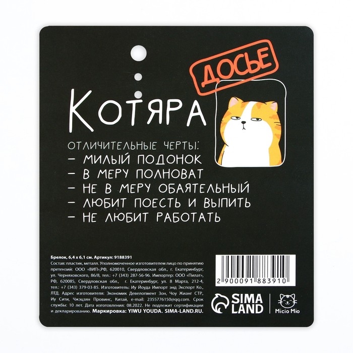 Брелок для ключей акриловый «Котик», 6 х 5,4 см