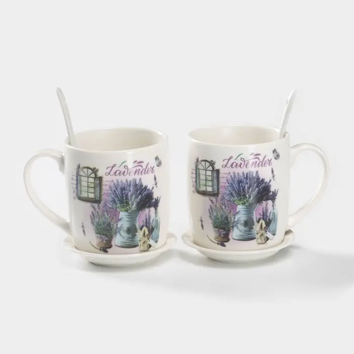 Набор кружек с ложками и подставками &laquo;Букет лаванды&raquo;, 2 предмета: 330 мл, керамика, рисунок МИКС