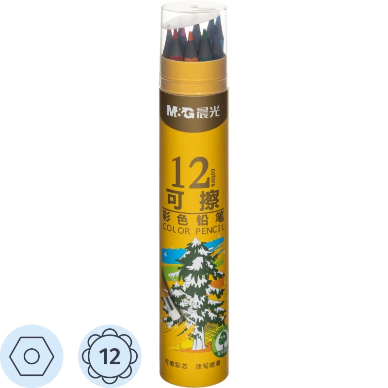 Карандаши цветные M&G, пластиковые, шестигран, стираемые, 12 цв/наб, в тубе