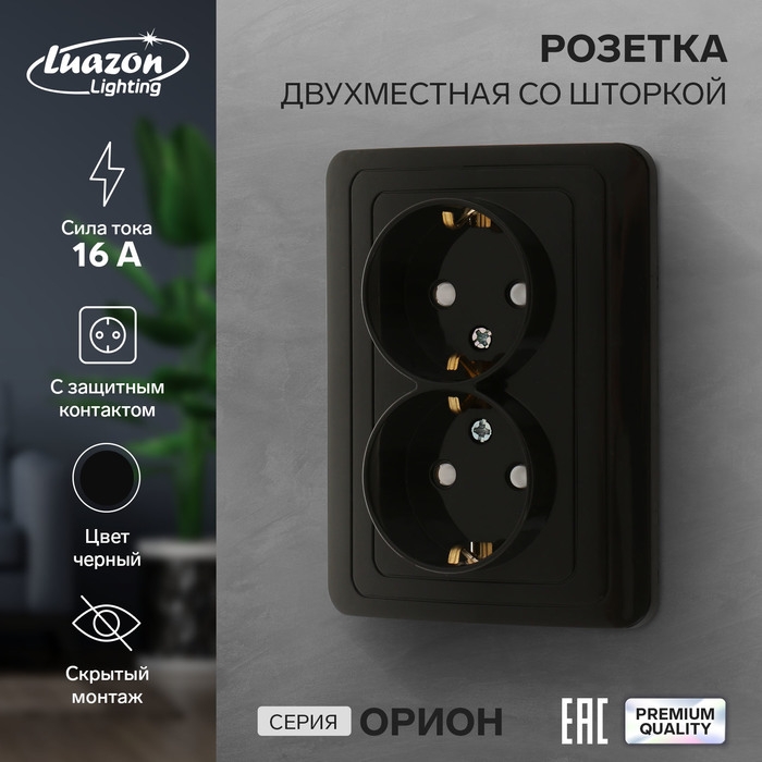 Розетка двухместная со шторкой Luazon Lighting  Розетка двухместная со шторкой Luazon Lighting "Орион", 16 А, скрытая, с з/к, черная