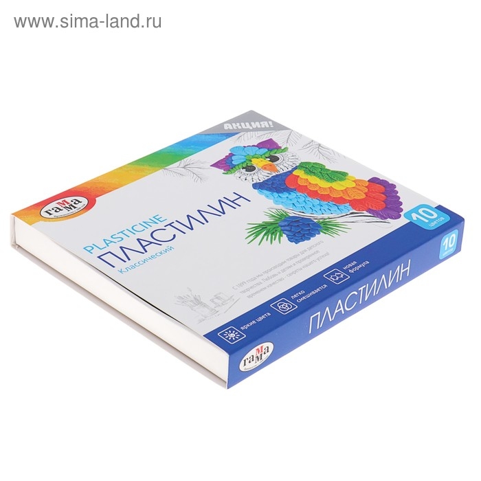 Пластилин 10 цветов 200 г, Гамма  Пластилин 10 цветов 200 г, Гамма "Классический", со стеком, картонная упаковка 268016