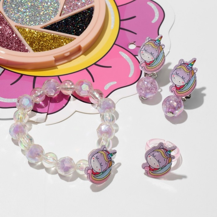Набор детский 4 предмета: клипсы, кольцо, браслет, глиттер «Единорожек», цветной Набор детский 4 предмета: клипсы, кольцо, браслет, глиттер «Единорожек», цветной