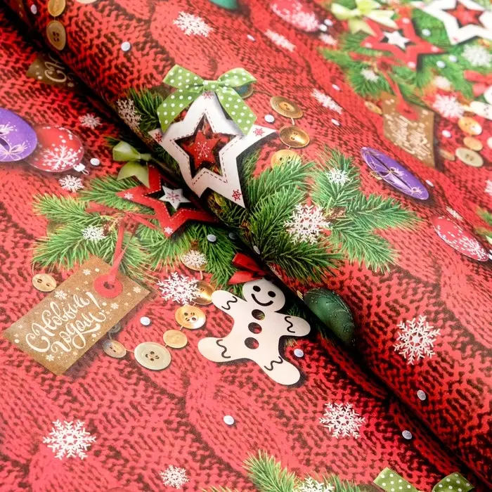 Бумага упаковочная глянцевая двусторонняя "Вязанка на красном", 70 х 100 см