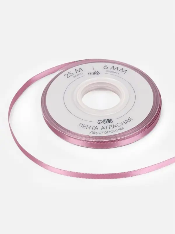 Лента атласная TEIRA, двухсторонняя, 6 мм, 25&plusmn;1 м, розовая №165